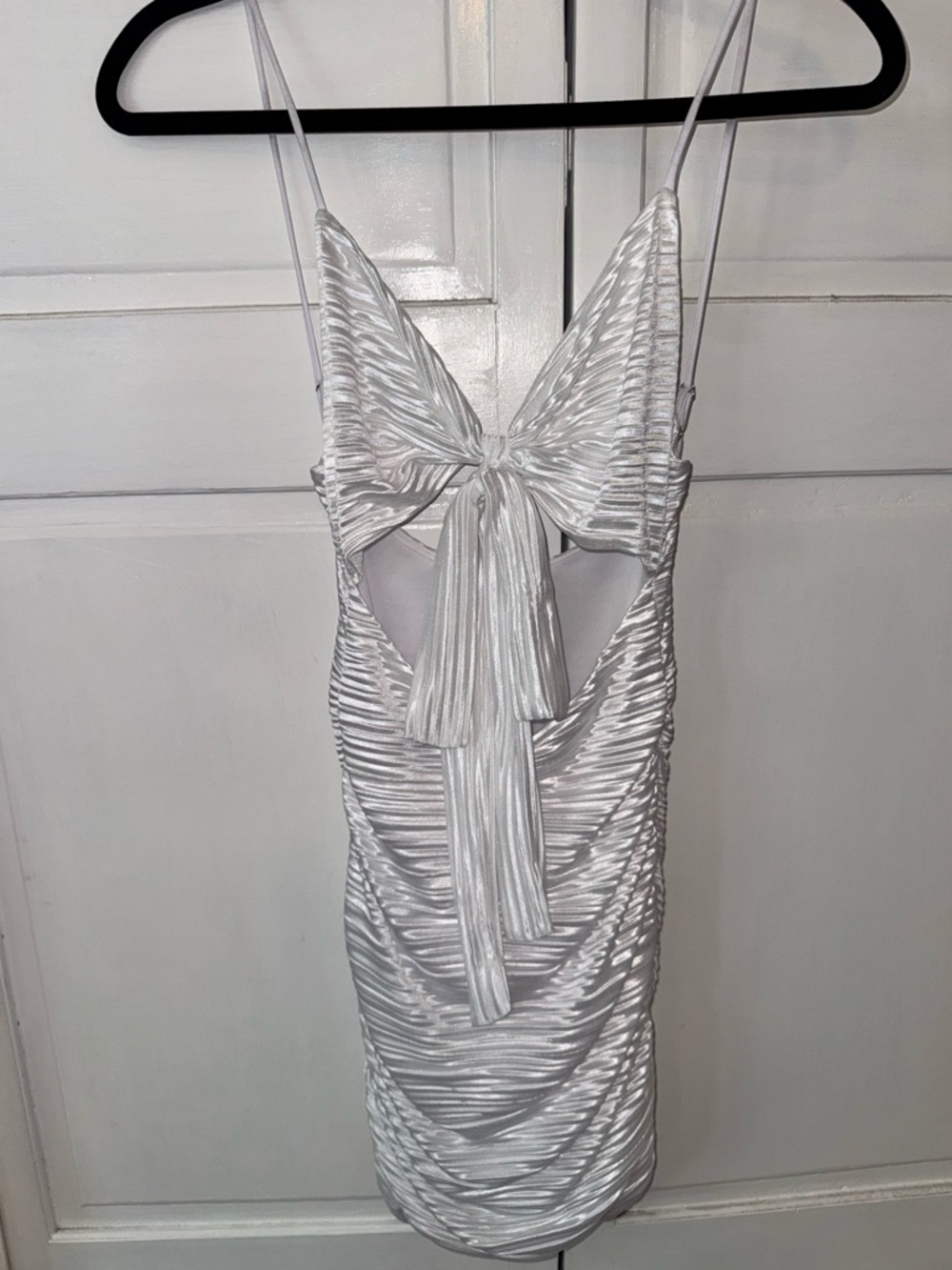 White/Silver Tie-Front Ruched Mini Dress